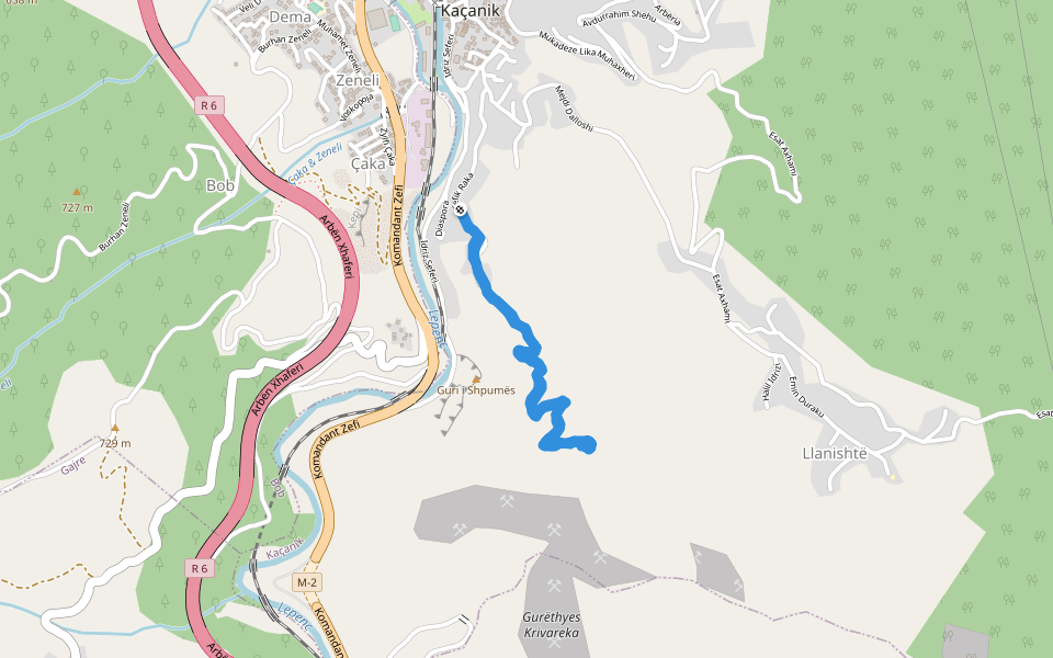 Guri i Shpumës walking route map in Kaçanik