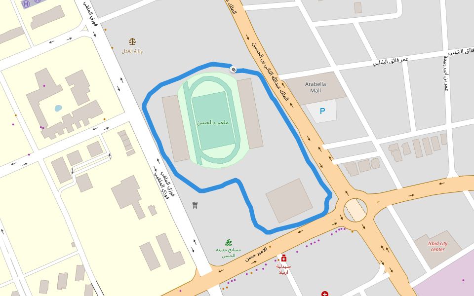 ملعب الحسن walking route map in Umm Qais