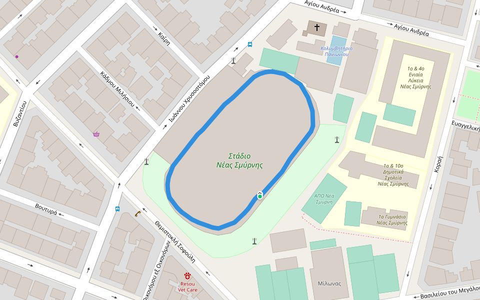 Panionos Stadium walking route map in Nea Smirni