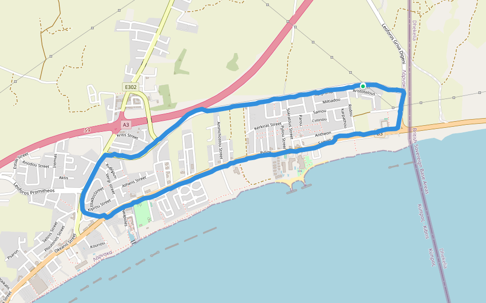 Dhekelia Road  walking route map in Larnaca