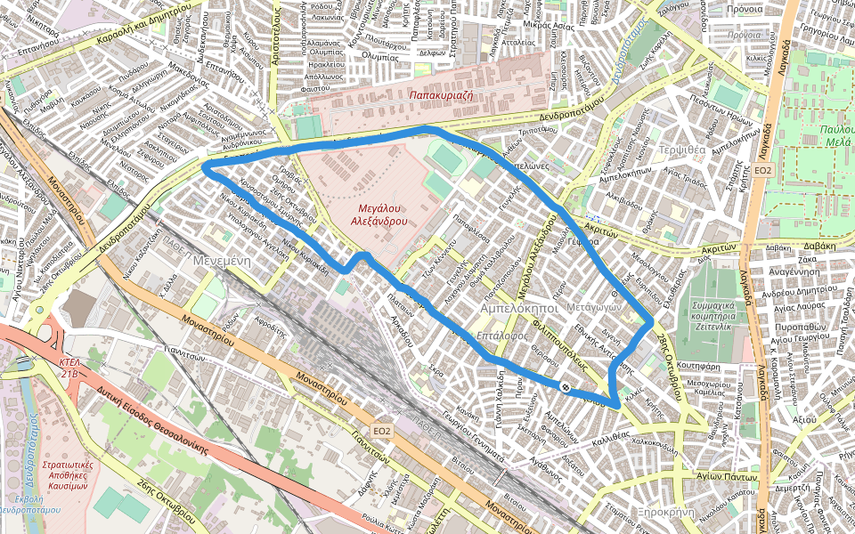 Στάδιο Αμπελοκήπων walking route map in Ampelokipi