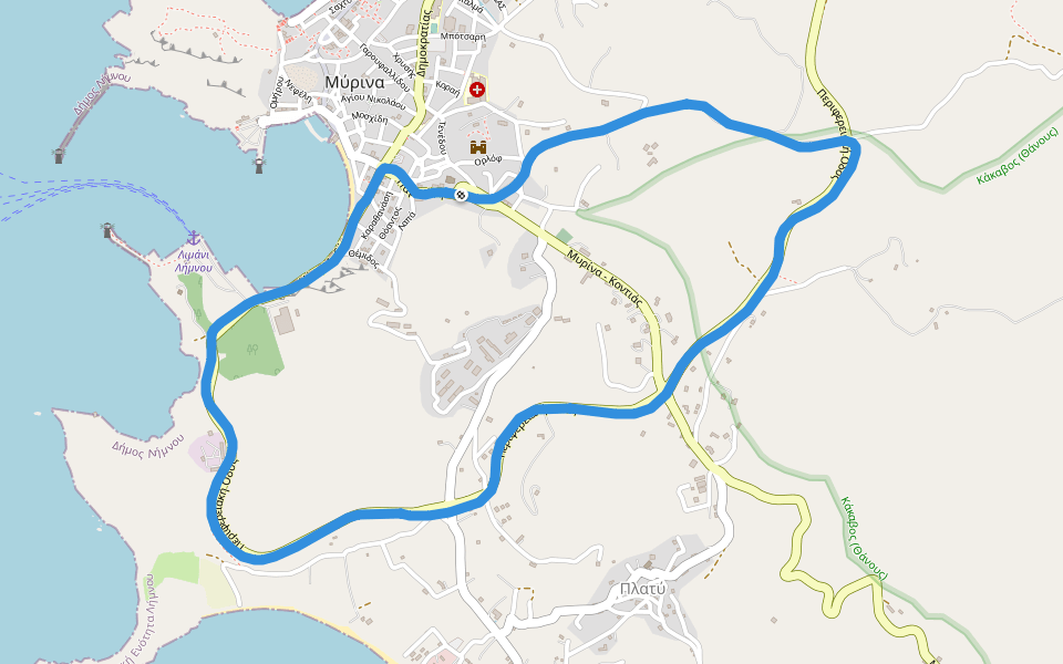 Κάκαβος (Θάνους) walking route map in Μύρινα