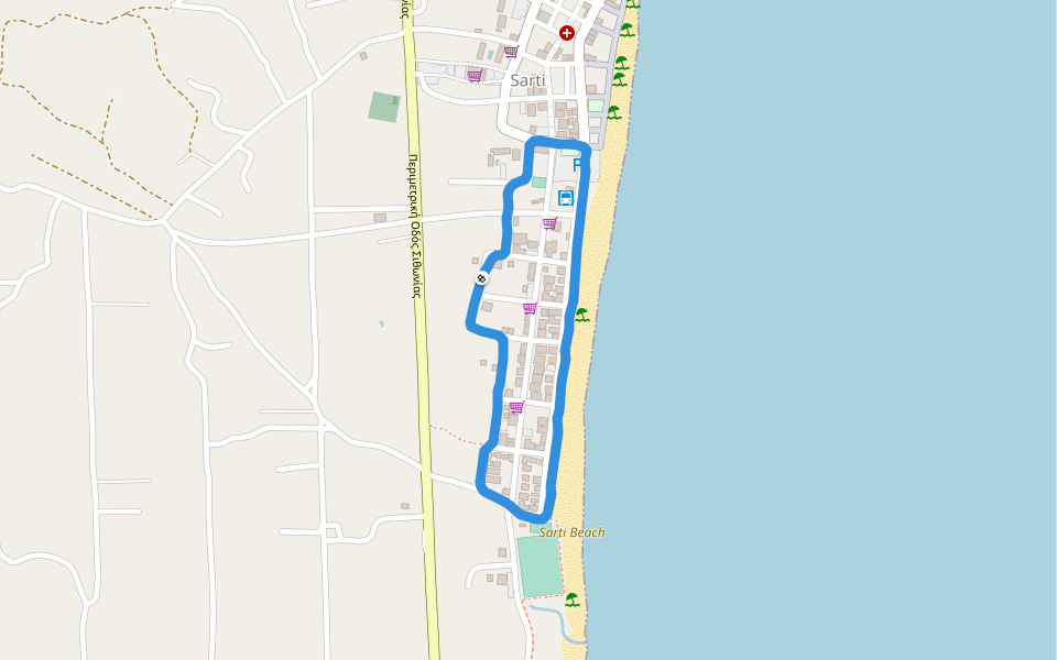 Sarti Beach walking route map in Sarti