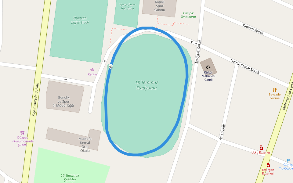 18 Temmuz Stadyumu walking route map in Düzce