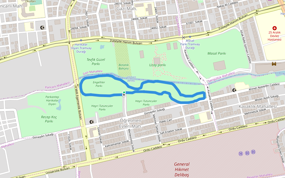 Engelliler Parkı walking route map in Gaziantep