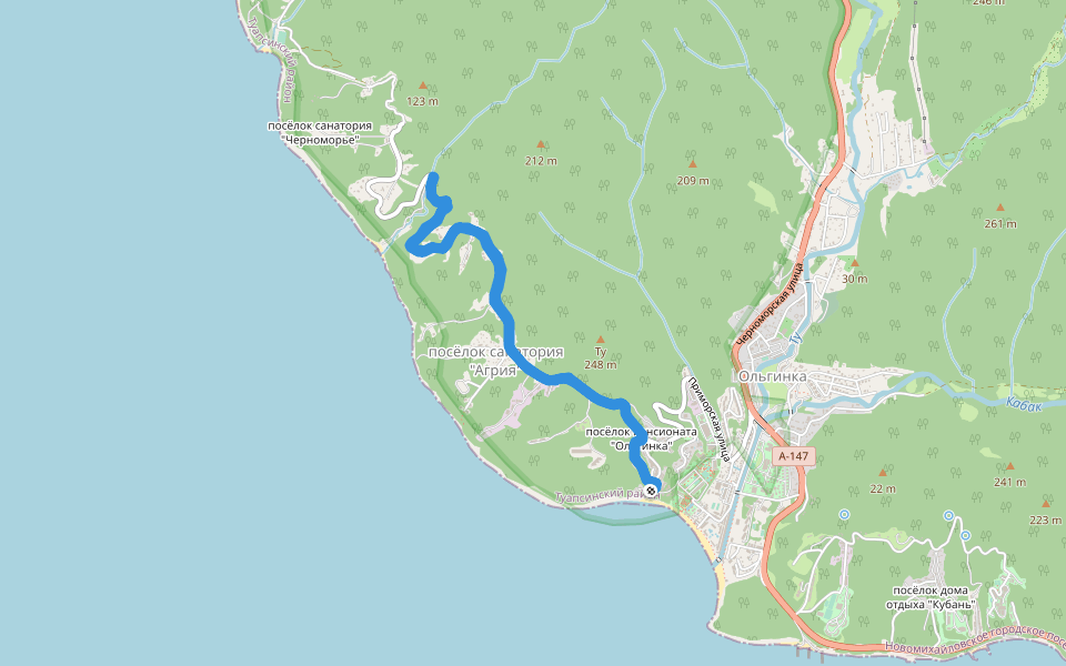 посёлок санатория "Агрия" walking route map in Ol'ginka