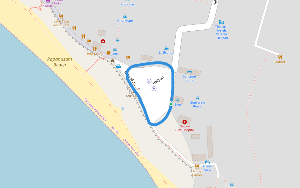 Papanasam Beach walking route map in Varkala