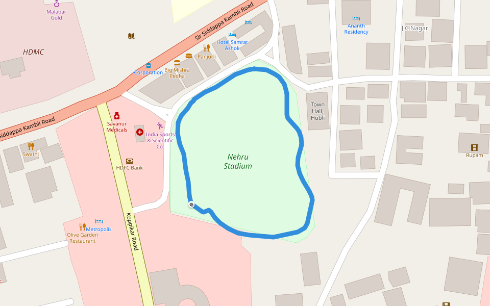 Nehru Stadium walking route map in Hubballi