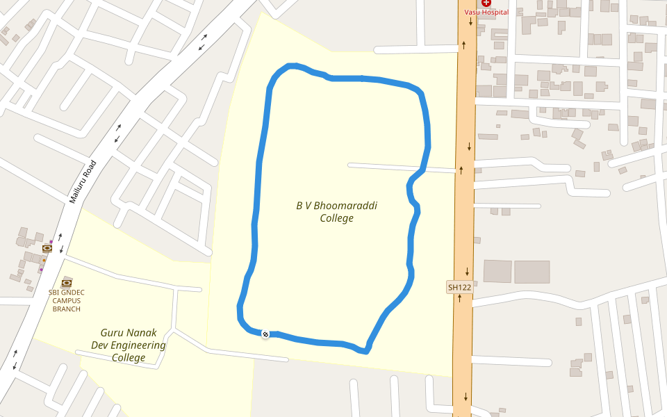 B V Bhoomaraddi College walking route map in Bidar