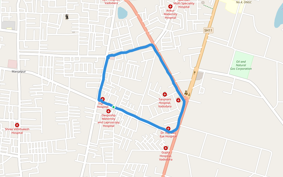 Devpushp Meternity and Lapruscopy Hospital walking route map in Vadodara