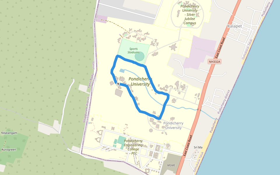 Pondicherry University walking route map in Puducherry