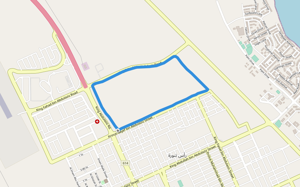 مركز صحي ابن الهيثم - مركز الرعاية الصحية الأولية (جنوب رأس تنورة) walking route map in راس تنورة