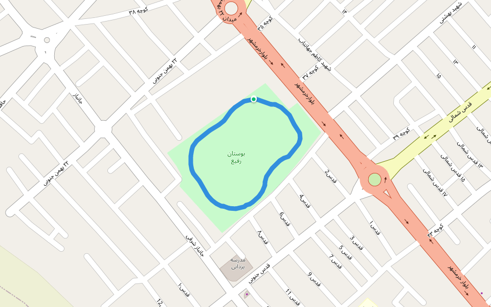 بوستان رفیع walking route map in Kazerun