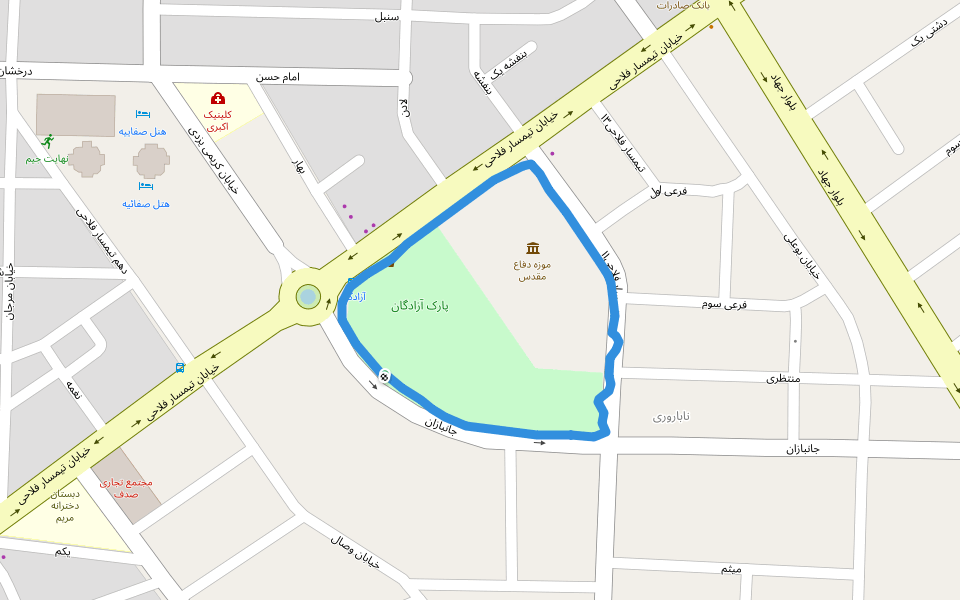 پارک آزادگان walking route map in Yazd