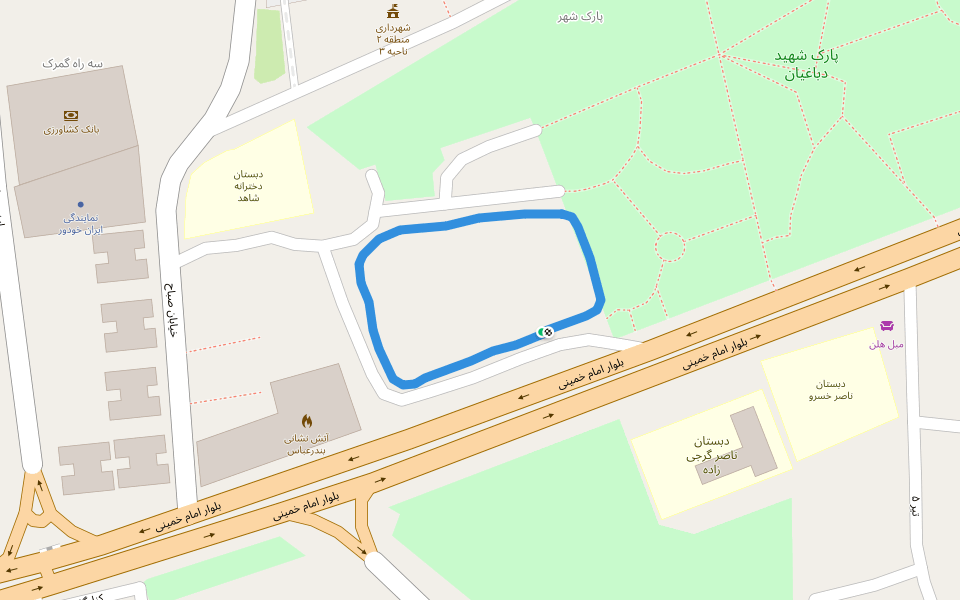 پارک شهید دباغیان walking route map in Kish