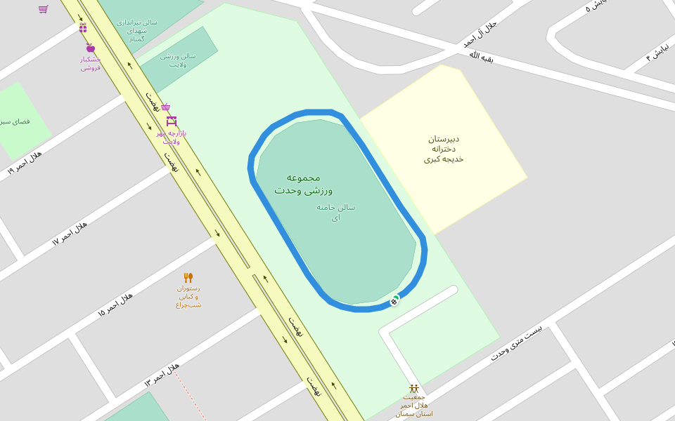 مجموعه ورزشی وحدت walking route map in Tāsh-e-olyā