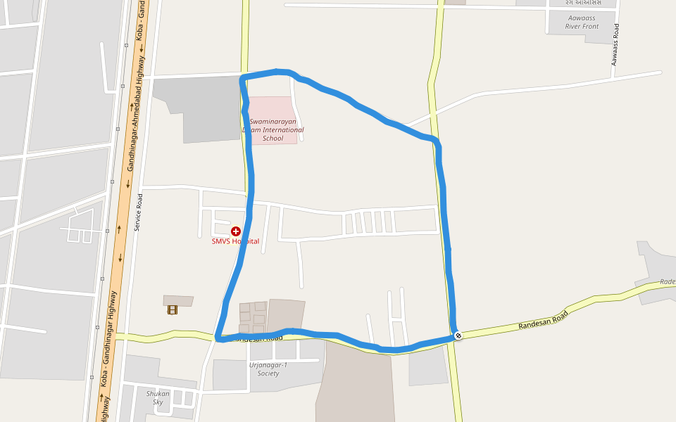 SMVS Hospital walking route map in Gandhinagar