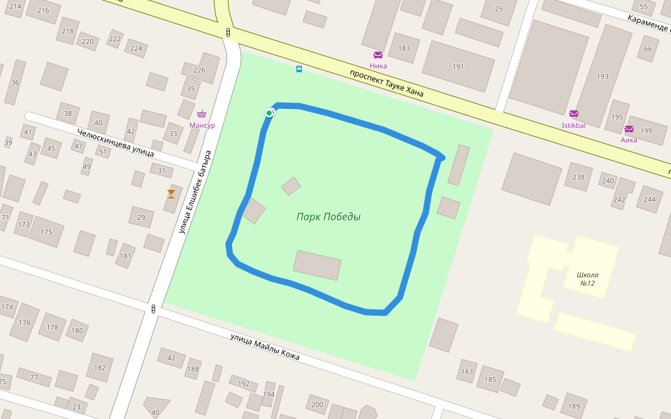 Парк Победы walking route map in Shymkent