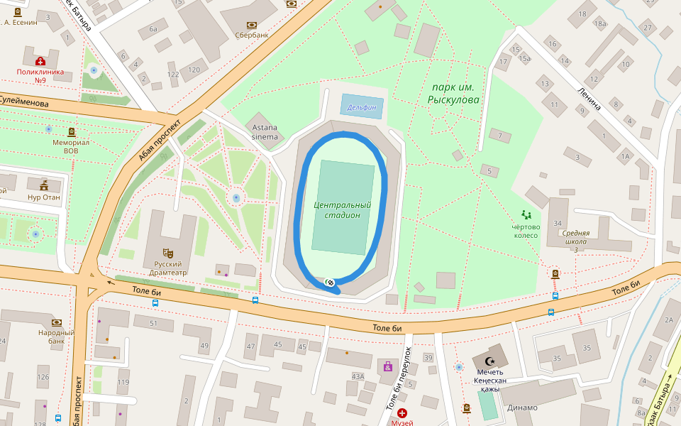Центральный стадион walking route map in Taraz