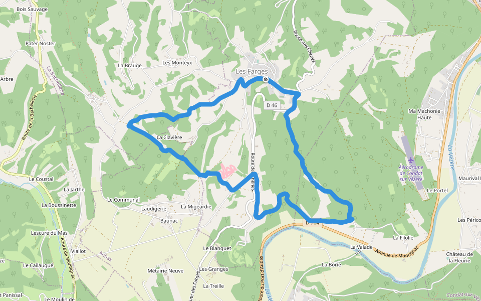 Château de Sauveboeuf walking route map in Les Farges