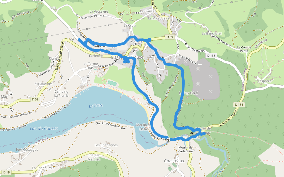 Chemin des Plages walking route map in Lissac-sur-Couze