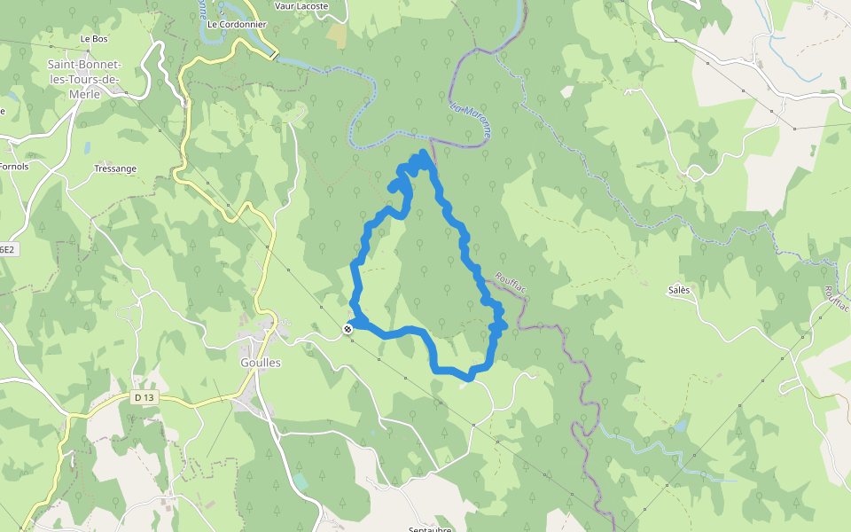 Ruines des tours de Carbonnières walking route map in Goulles