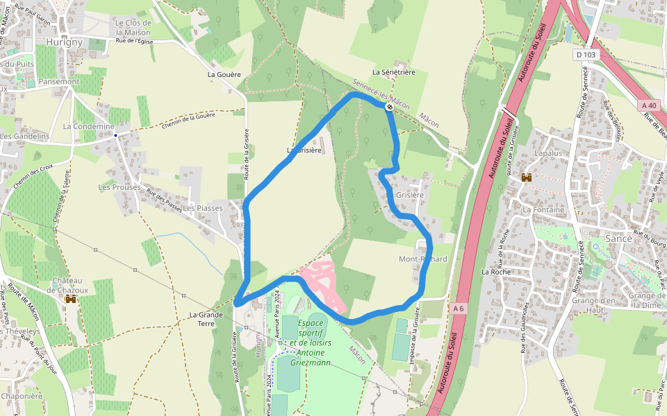 Espace sportif et de loisirs Antoine Griezmann walking route map in Sancé