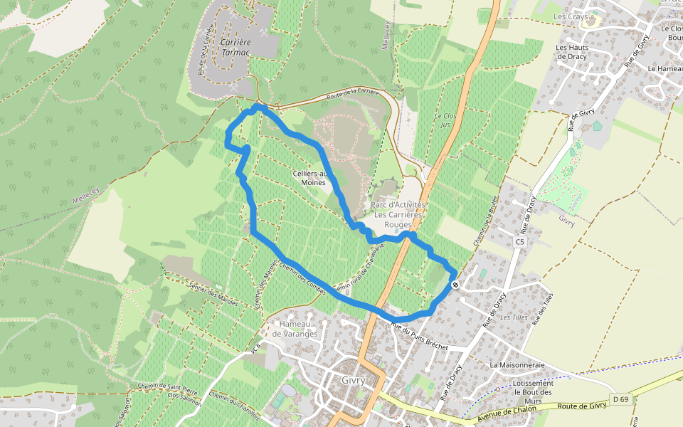 Chemin de la Brulée walking route map in Givry