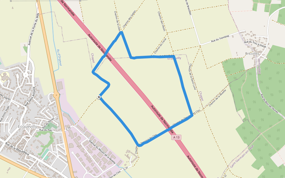 Chemin de Dessous les Clos walking route map in Ecquevilly