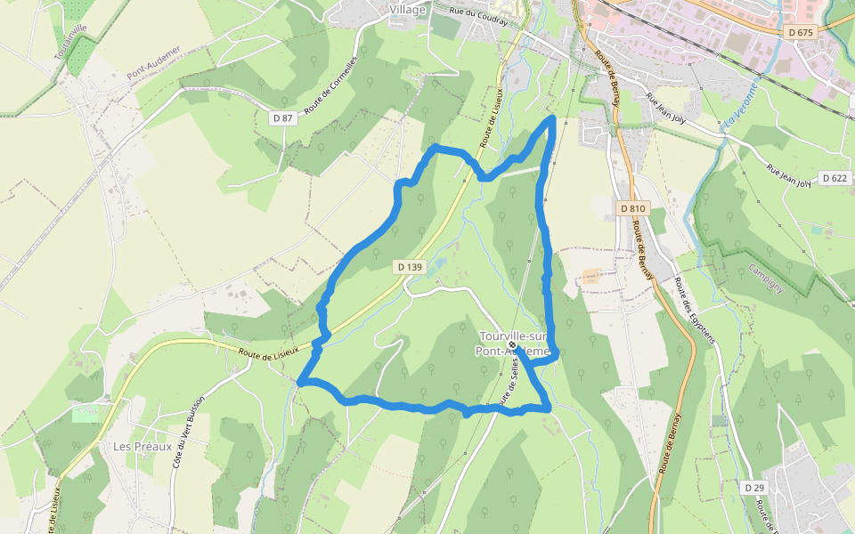 Chemin des Bois de Tourville walking route map in Tourville-sur-Pont-Audemer