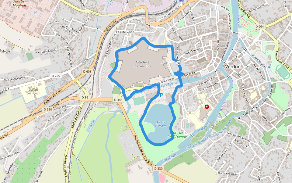 Parc de Pré l'Evèque walking route map in Verdun