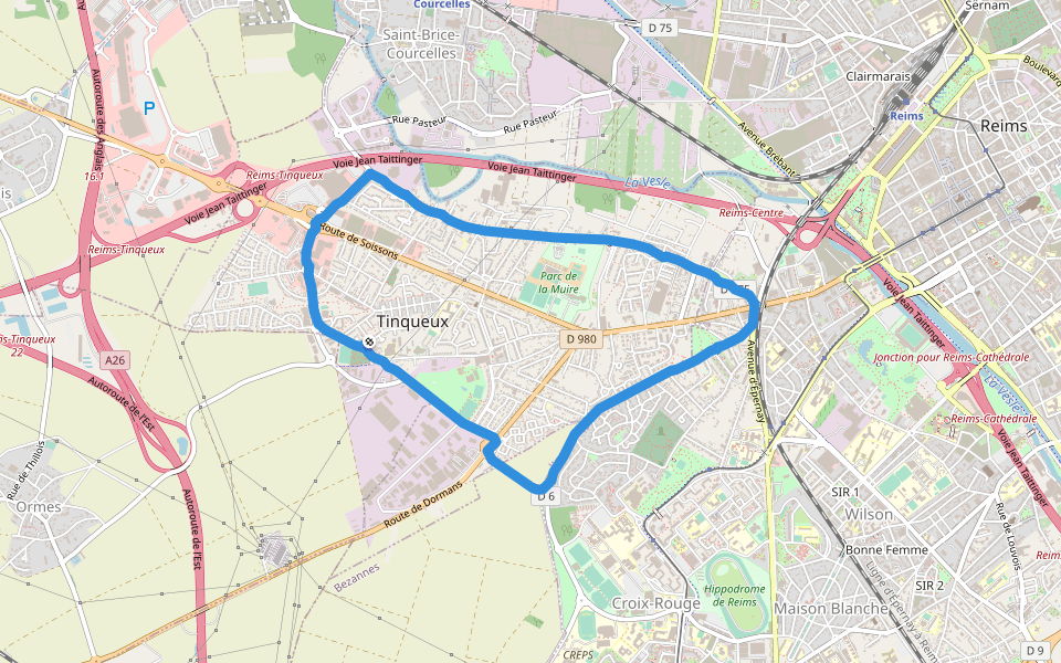 Parc de loisir et de sport de la Croix Cordier walking route map in Tinqueux