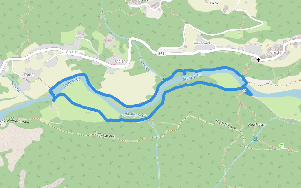Strada Pansenis walking route map in Ala di Stura