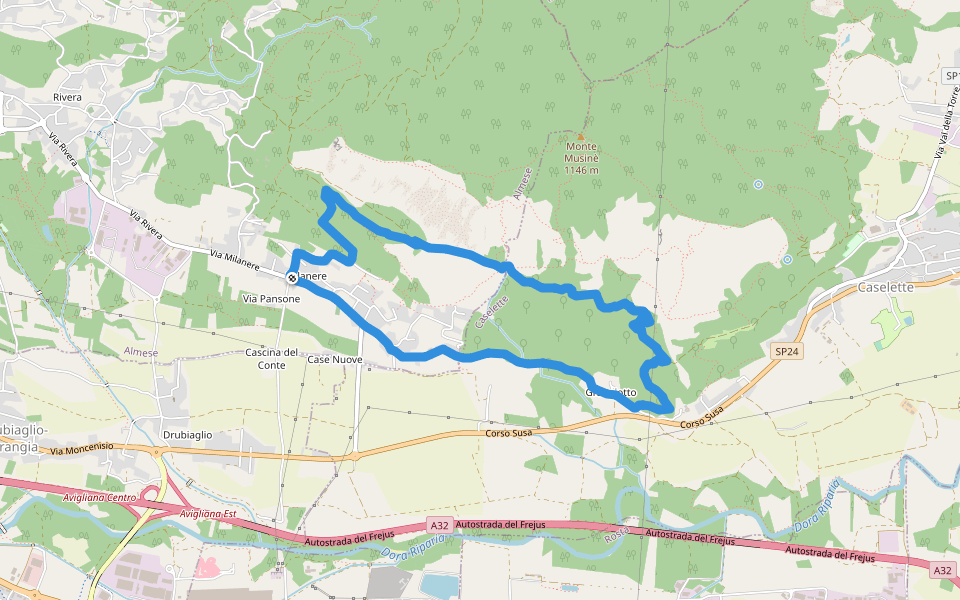 Pista Tagliafuoco walking route map in Milanere