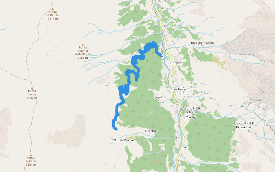 Valsavarenche walking route map in Degioz