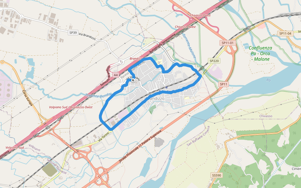 Confluenza Po - Orco - Malone walking route map in Brandizzo