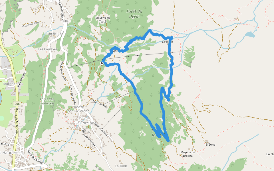 Forêt de la Tinde walking route map in La Forclaz