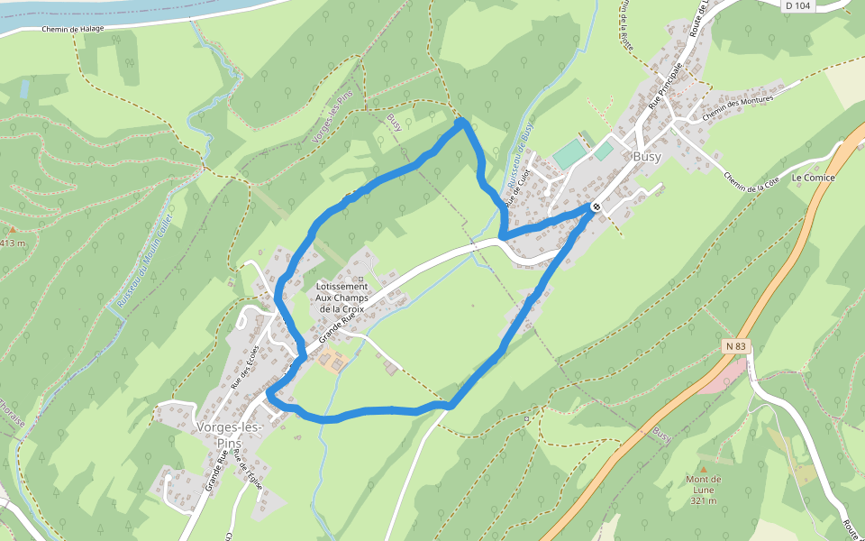 Chemin des Vignes Pacartes walking route map in Busy