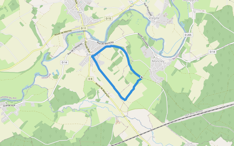 Emagny - Ligne de Montagney à Miserey walking route map in Moncley