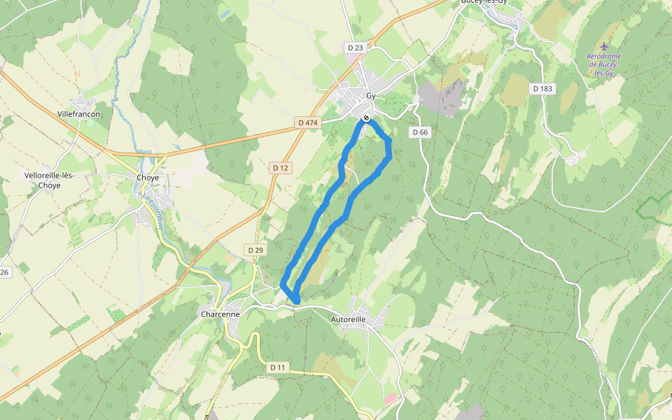 Pelouse de Bellevue walking route map in Gy