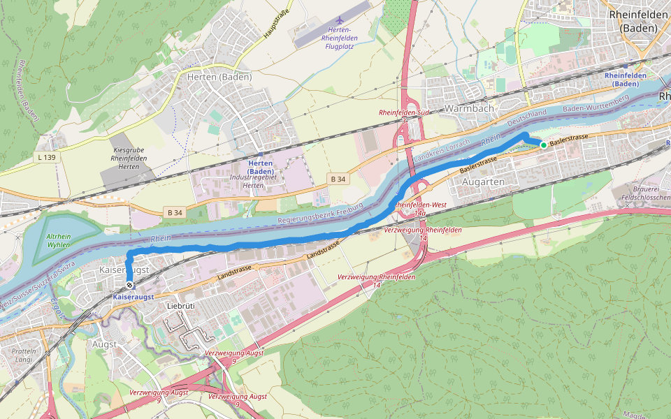 Riverside walk walking route map in Rheinfelden