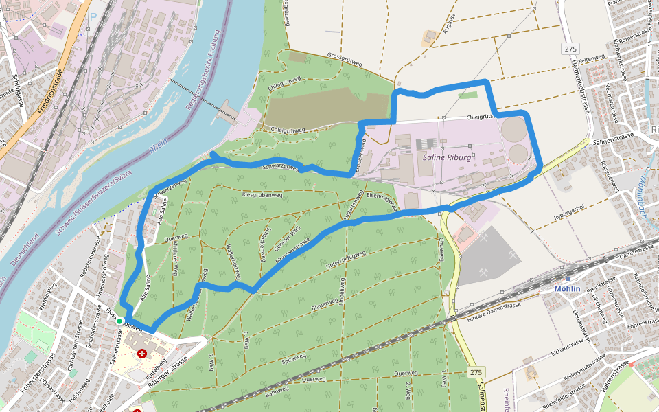 Saline Riburg - Riburgerstrasse walking route map in Rheinfelden