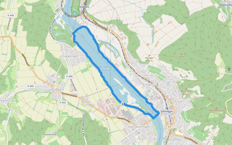 Klingnauer Stausee walking route map in Böttstein