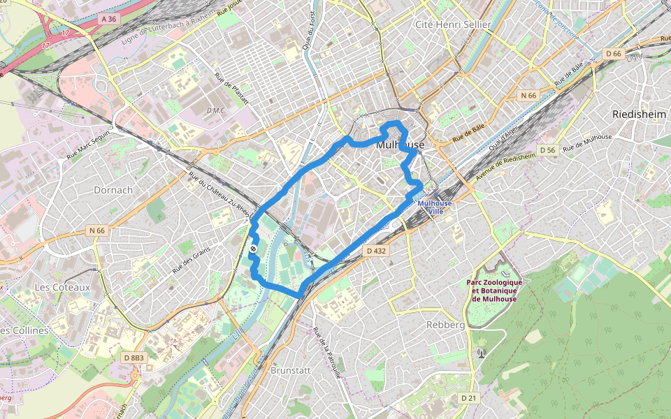Stade Nautique walking route map in Mulhouse