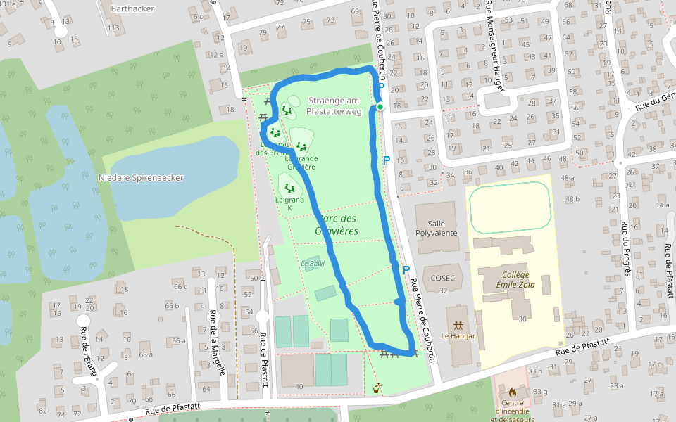 Parc des Gravières walking route map in Kingersheim