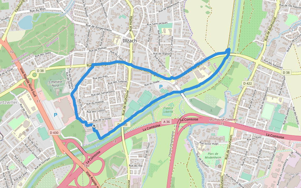 L'Ill walking route map in Illzach