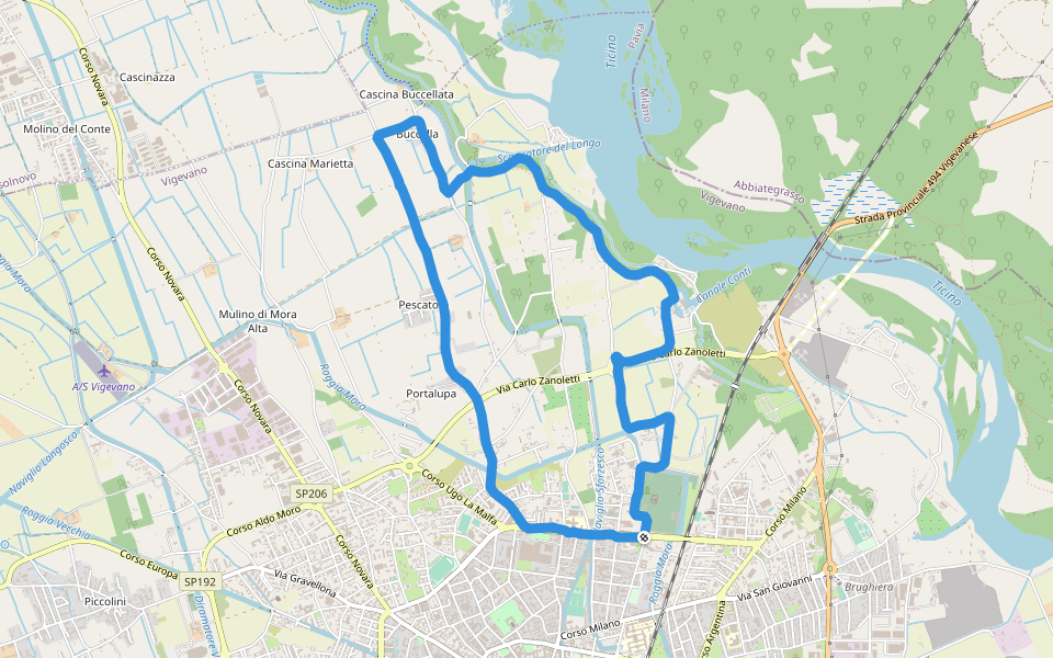 Roggia Mora walking route map in Vigevano