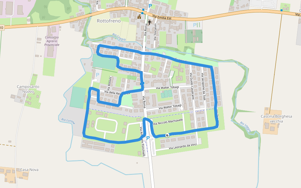 Stadio Rottofreno walking route map in Rottofreno