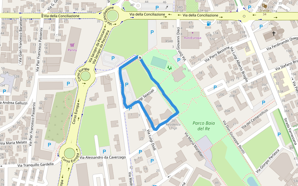 Parco Baia del Re walking route map in Piacenza