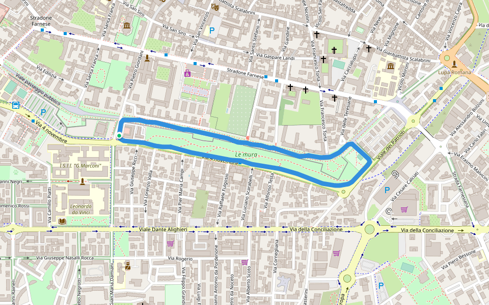 Le mura walking route map in Piacenza